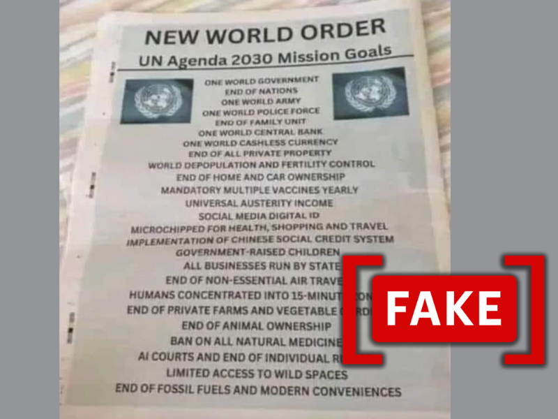 Screenshot of the fake list of U.N. 2030 Agenda goals.